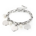 Silver stainless steel bracelet with heart charm, saint medals and white pearls on white background - Heart Coin Pearl Pendant Style (KB148189-Z) / Silver