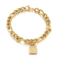 Minimalist golden stainless steel chain bracelet with a textured lock pendant charm - Gold