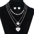 Conjunto de collar de perlas plateadas de varias capas y pendientes de corazón en busto - Estilo Corazón Color Acero (KS140938-KLX)