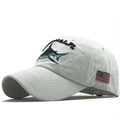 White washed cotton baseball cap with blue shark embroidery and US flag patch - Adjustable / White