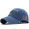 Detail of vintage washed baseball cap with shark embroidery and American flag side patch - Adjustable / Blue