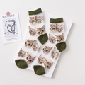 Transparent mesh crew socks with green trim and cute cat embroidery pattern - Women's 35-39 / Green