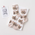 Set of 5 pairs of sheer mesh socks with cute embroidered cat patterns in beige and tan - Women's 35-39 / Khaki