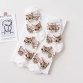 White sheer mesh crew socks with brown cat pattern and reinforced toe and heel - Women's 35-39 / White