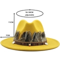 Classic bright yellow wool fedora hat with ethnic band and feather decor for women - M (56-58cm) / Yellow