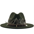 Classic olive green wide brim wool fedora hat with ethnic feathers and woven band - M (56-58cm) / Green