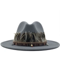 Grey wide brim wool fedora hat featuring ethnic bands and natural feather decoration - Gray