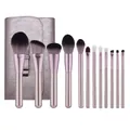 Set profesional de 12 brochas de maquillaje lila con estuche de cuero elegante - Púrpura con Bolsa