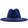 Deep blue wool fedora hat featuring a wide flat brim and a chunky silver metal chain - M(56-58cm) / Blue
