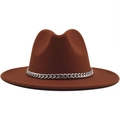 Detailed view of a brown fedora hat featuring a stylish silver metal curb chain band - M(56-58cm) / Caramel color