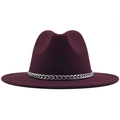 Detailed close-up of a burgundy wool fedora hat with a silver chain link band - M(56-58cm) / Burgundy