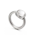 Sleek silver titanium steel ring featuring a large faceted round crystal stone inlay - White Crystal (KR82290-K)