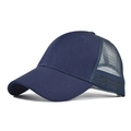 Detailed side view of navy blue cotton trucker hat with mesh back and curved visor - Adjustable / Navy Blue