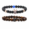 Tiger eye and matte black beaded crown bracelet set on a clean white background - Rose Gold Blue Zirconia Crown Set
