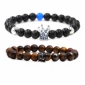 Tiger eye and matte black beaded bracelet set with crown charms for couples - White Gold Blue Zirconia Crown Set