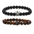 Bracciali per coppia in perle di occhio di tigre e onice opaco con ciondoli corona - Set Corona in Zircone Nero Oro Bianco