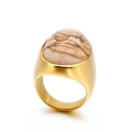 Golden titanium steel ring with oval brown picture jasper stone for men and women - US 7 / Yellow Turquoise (KR89028-K)