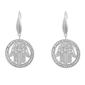 Silberne Hamsa-Hand-Ohrhänger mit Kristall-Pavé-Kreis und offenem Design - Silberne Hand der Fatima Stil (KE79887-GC)