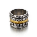 Wide two-tone mixed gold and silver stainless steel ring with paved zircon rows - US 6 / Hammered Gold Silver Contrast Style (KR91688-GC)