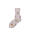 Beige cotton crew sock featuring purple flower and yellow smiley face patterns with ribbed cuffs - One Size / Ivory