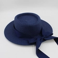 Detail of dark blue woven straw boater hat with a wide silk ribbon and bow decoration - M (56-58cm) / Navy Blue