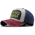 Close-up of distressed vintage baseball cap with racing embroidery and contrast panels - Navy Blue/Wine Red Brim