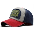 Retro distressed baseball cap with MOTORS RACING TEAM patch and vintage patchwork design - Navy Blue/Red Brim