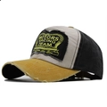 Detail of distressed patchwork baseball cap with MOTORS RACING TEAM embroidery - Black/Yellow Brim