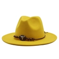 Yellow vintage fedora wool hat with ethnic bead band and cattle skull metal buckle - M (55-58cm) / Yellow