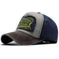 Retro distressed baseball cap featuring blue and grey panels with Motors embroidery - Navy Blue/Black Brim
