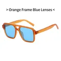 Fashion square oversized sunglasses featuring orange frames and bright blue tinted lenses - Orange Frame Blue Lens