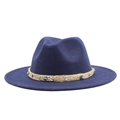 Detail of dark blue wide brim wool fedora with woven rope band and retro metal accents - Navy Blue