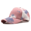 Detail of pink and blue tie-dye cotton baseball cap with curved brim and 45-degree side view - Adjustable / Pink Gray
