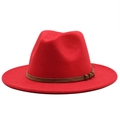 Detail of red wool felt fedora featuring a brown leather band and bronze buckles - M (55-58cm) / Red