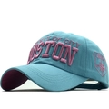 Detailed close-up of blue cotton baseball cap with 3D purple Boston embroidery - Adjustable / Cyan