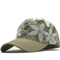 Close-up of floral print patterns and reinforced stitching on the khaki baseball cap - Navy Floral Style (04)