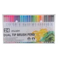 Lot de 24 feutres à double pointe pinceau et pointe fine pour dessin et coloriage - Ensemble 24 Couleurs (Corps Blanc)