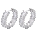 Silver huggie hoop earrings with micro-paved rectangular cubic zirconia stones - Platinum White Zirconia