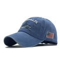 Washed blue baseball cap with shark embroidery and American flag patch detail - Adjustable / Navy Blue