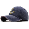 Washed denim baseball cap in dark blue with anchor embroidery and red brim accent - Adjustable / Navy Blue