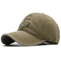 Detail of anchor embroidery on washed denim baseball cap with vintage finish - Adjustable / Khaki