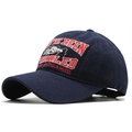 Dark blue cotton baseball cap featuring 3D shark embroidery and white script text - Navy Blue / Adjustable