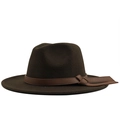 Classic dark brown wide-brim wool fedora hat with faux leather knotted band detail - M (56-58cm) / Coffee