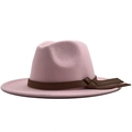 Close-up of pink wool fedora hat featuring a brown leather decorative band and knot - M (56-58cm) / Pink