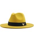 British style yellow wool fedora hat with black band and gold eagle badge accessory - Adjustable / Yellow