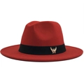 Red wool fedora hat with black ribbon and gold eagle badge for men and women - Adjustable / Red