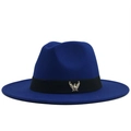 Royal blue wool fedora hat with black ribbon and golden eagle emblem for men and women - Adjustable / Blue