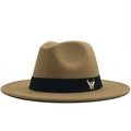 Classic camel wool fedora hat with black ribbon and golden eagle metal emblem - Adjustable / Camel