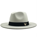 Classic light grey wool fedora hat with a flat brim and black band with eagle pin - Adjustable / White