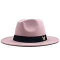 Pink felt fedora hat with black ribbon band and golden eagle emblem detail - Adjustable / Pink
